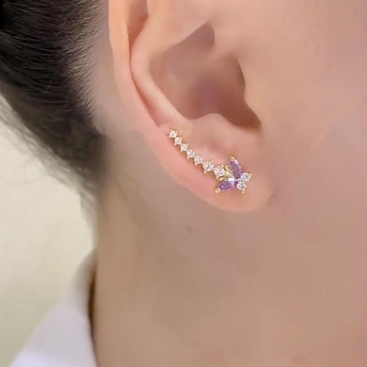 Boho Purple Crystal Butterfly Earrings Rhinestone Ear Climber Earrings Gold CZ Crawler Earrings Purple Butterfly Stud Earrings Wedding Cubic Zirconia Earrings Jewelry for Women - Image 5