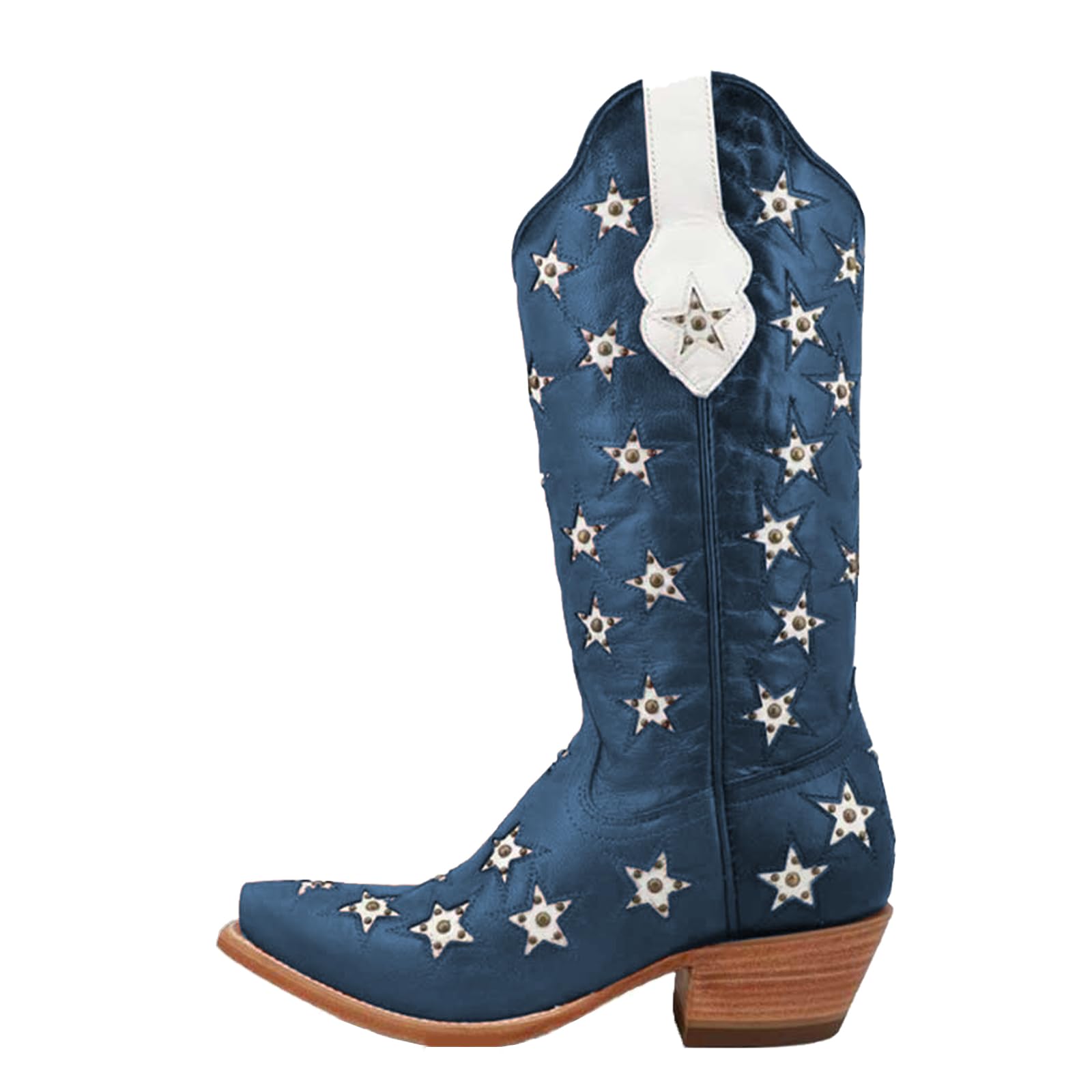 Womens Western Cowboy Boots Pointed Toe Chunky Heel with Star Pattern Nail Bead Mid-Calf Dressy Boots