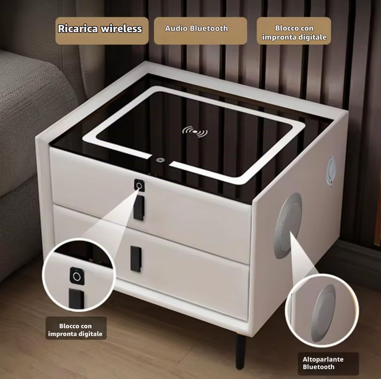 Generico Comodino Moderno con Caricatore Wireless, Luce LED, Porte USB, Speaker Bluetooth, 2 Cassetti, Bianco, 40×46 cm