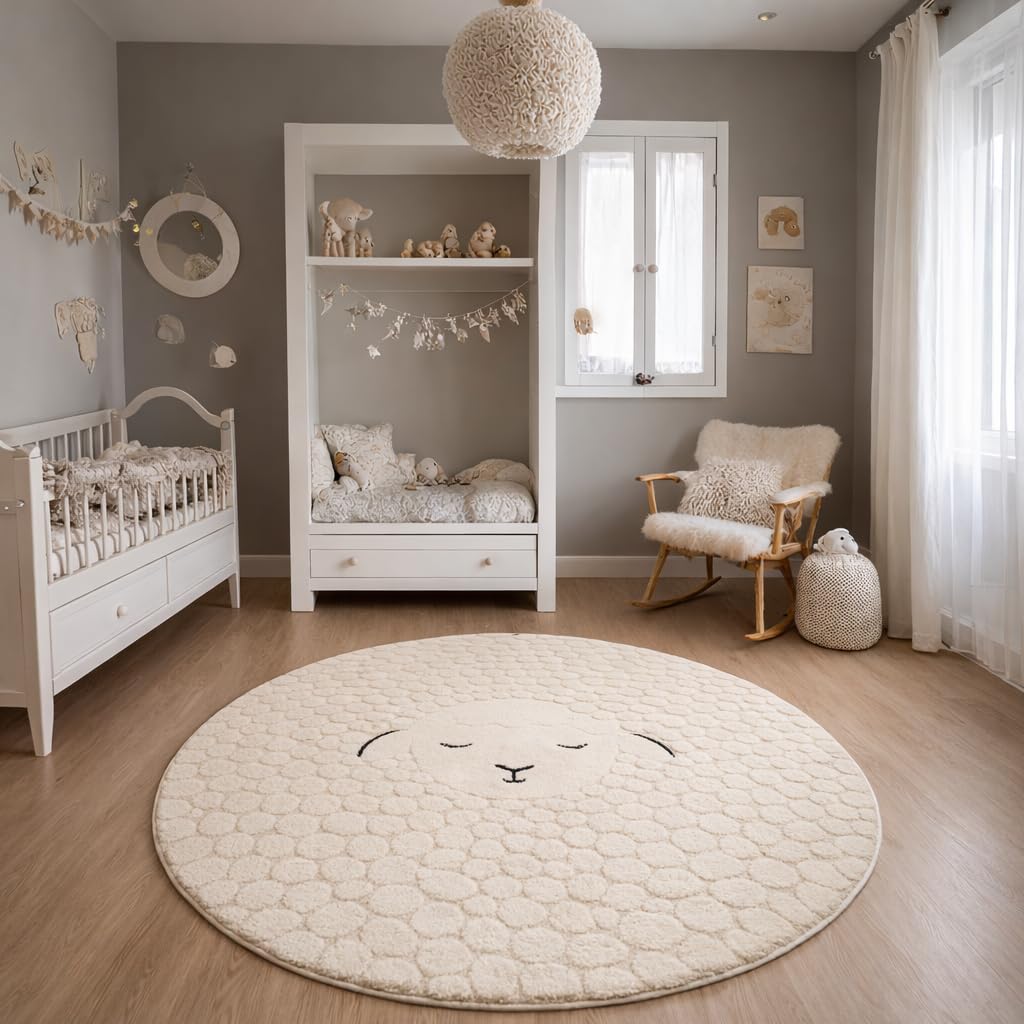 the carpet Elisa Kids Tapis pour Chambre d'enfant, Tapis pour Enfant, Tapis de Jeu, Facile d'entretien, résistant, crème, 160 cm Rond