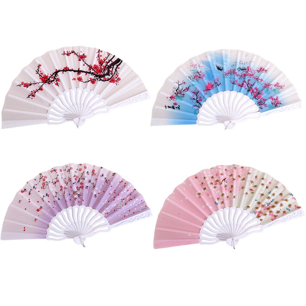 Hrippy 4pcs Vintage Floral Folding Fan, Plastic Handheld Fan for Wedding Dancing Church Party Scene Decoration