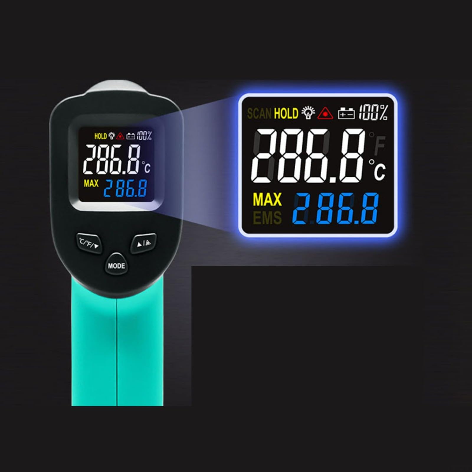 HLP380 Termometro a infrarossi senza contatto -50 °C a 380 °C Misurazione rapida Emissività regolabile Display LCD con retroilluminazione per laboratori industriali e misurazioni HVAC Verde