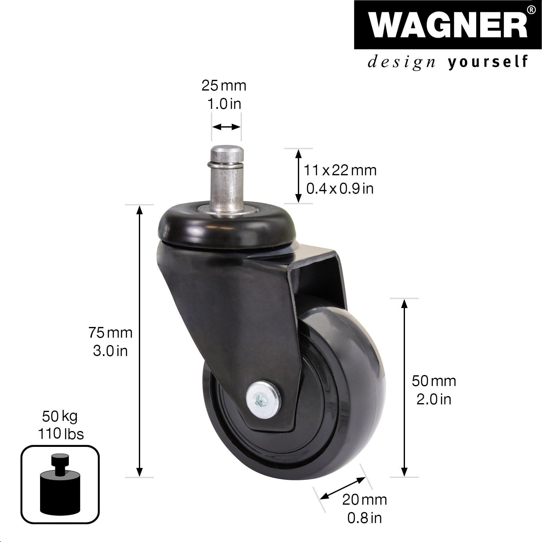 WAGNER Ultra-maniable 360° - 3C - roulettes pivotantes design/roulettes de meuble 5pcs. set - noir, souple, roulement à billes, tige 11 x 22 mm, Ø 50 mm, charge max. 50 kg/roulette - 02225261