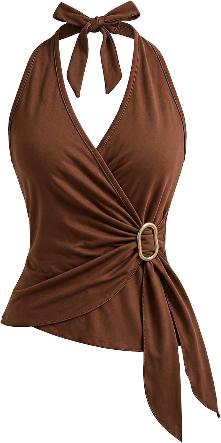 Milumia Women Y2k Wrap V Neck Halter Top Asymmetrical Going Out Tank Tops