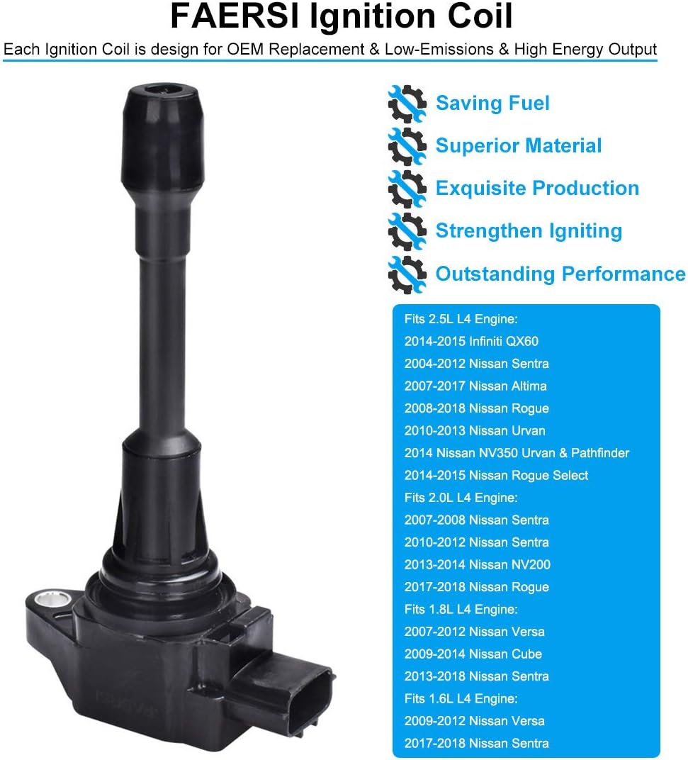 Ignition Coil Pack of 4 Replacement for 1.6L 1.8L 2.0L 2.5L - Nissan - Altima Cube Pathfinder NV200 Rogue Sentra Urvan Versa, 2014-2015 Infiniti QX60, Replace# UF-549, C1696, UF549, 5C1753,22448ED000