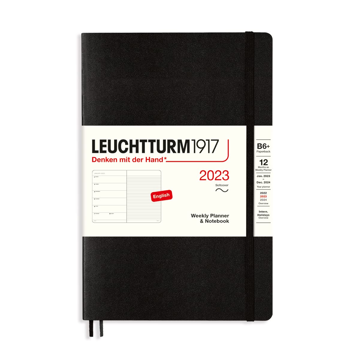 LEUCHTTURM1917 365913 Weekly Calendar & Notebook Softcover Paperback (B6+) 2023, 12 Months, Black, English