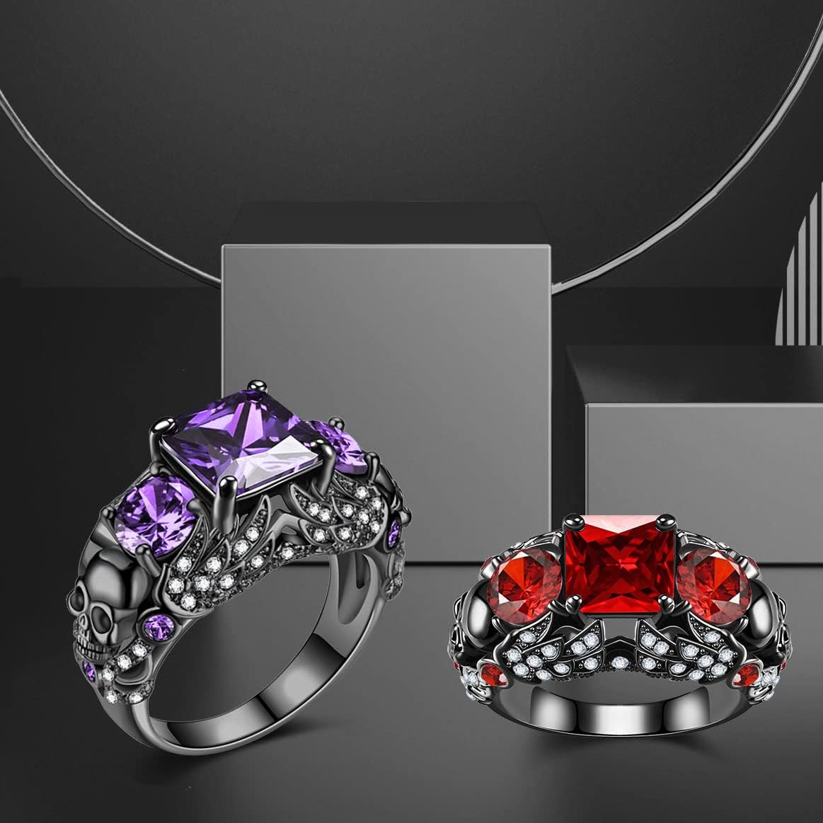 Gothic Black Skull Rings Red Purple Crystal Ring Cocktail Party Halloween Biker Rings for Women Gifts image 4
