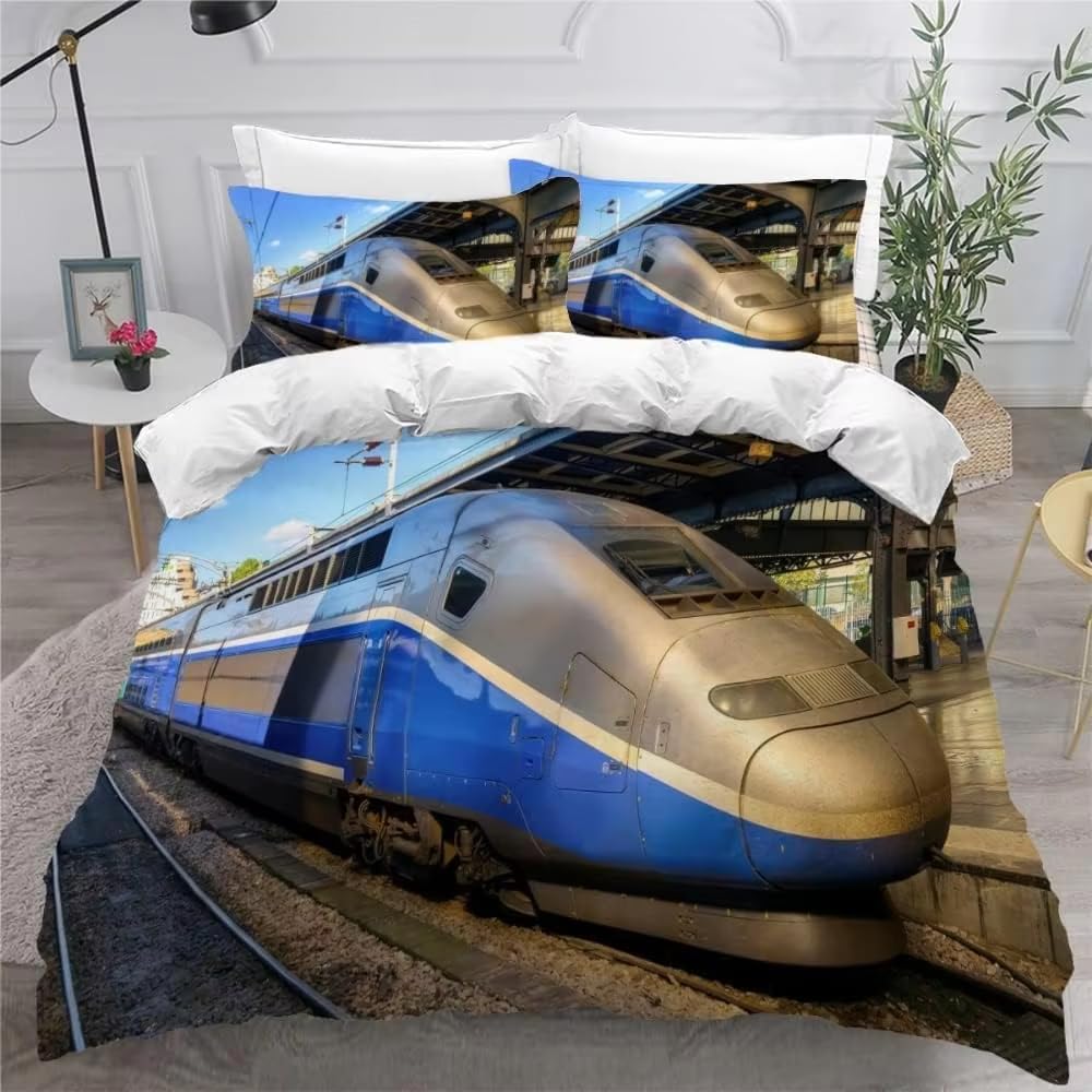 Housse de couette train 220x240 avec 2 taies d'oreiller pour lit 2 personnes