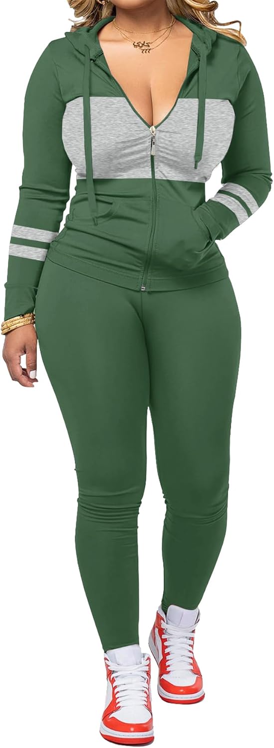 AUXDIO Women 2 Piece Outfits Color Block Casual Workout Sets Bodycon Tracksuit Zip Up Long Sleeve Hoodle Jacket Jogger Set