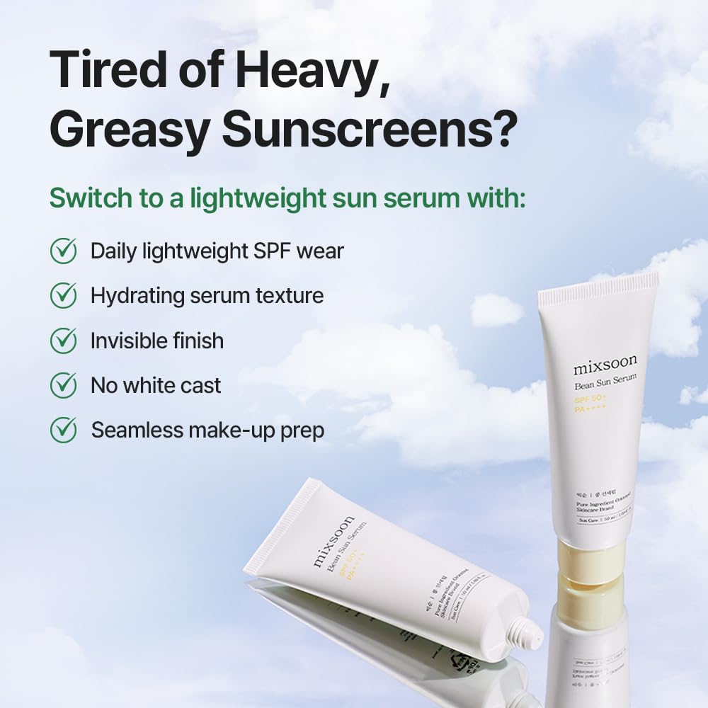 mixsoon Bean Sun Serum SPF 50+ PA++++, Sérum Solaire Coréen Léger, Protection UV Hydratante, Niacinamide, Acide Hyaluronique & Soja Fermenté, Sûr pour les Récifs, Sans Effet Blanchissant (50ml)