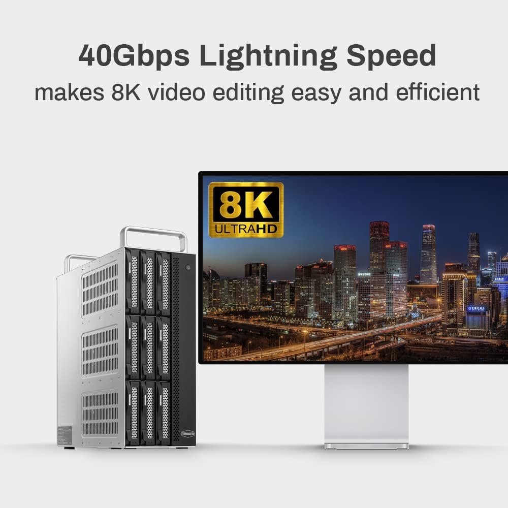 Image illustrating 40Gbps lightning speed for 8K video editing with the Terramaster D8-332.