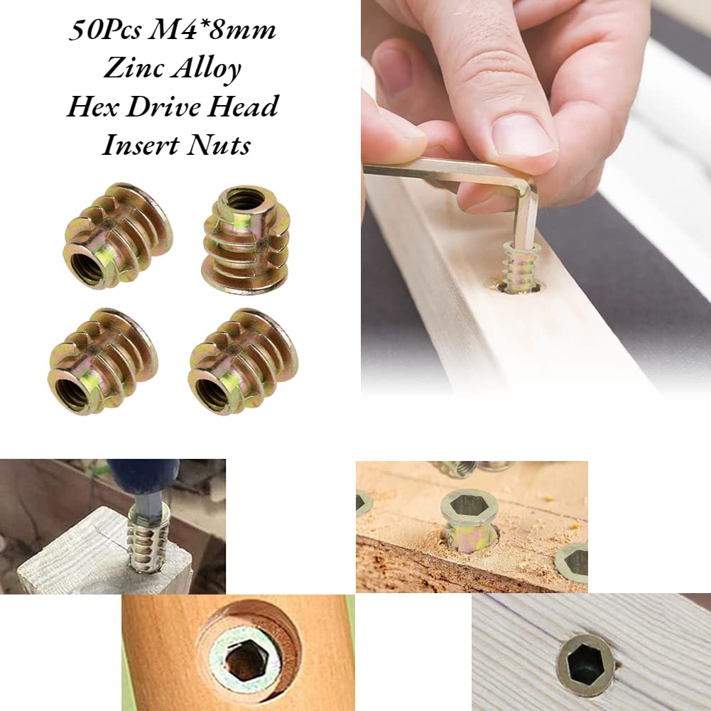 Mobili esagonale Socket Dado M4 x 8 mm, 50 pezzi, tipo filettato in lega di zinco, filo esagonale testa dado dado per inserto in legno