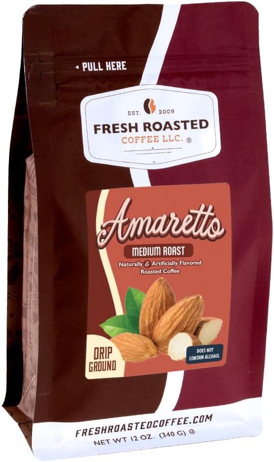 Fresh Roasted Coffee, Amaretto Flavored Drip Ground Coffee, Medium Roast, Kosher, 12 oz