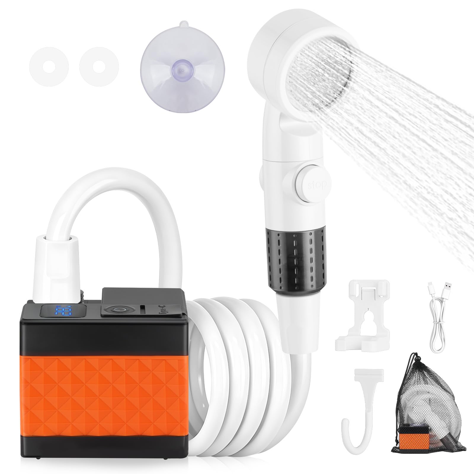 Doccia da Campeggio, Doccia Portatile Ricaricabile, kit di lavaggio impermeabile ricaricabile, 6000 mAh Batteria, Tubo 2 m, 3 modalità di spruzzo regolabile per Spiaggia, Auto, Animali, Giardino