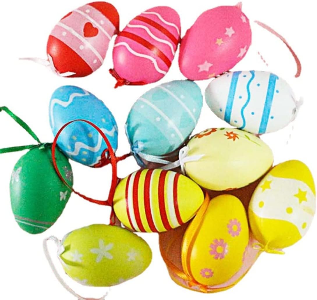 AMETUS 24Pcs Easter Eggs Hanging Ornaments, with Bowknot, Flower, Dots, Heat Painting, Blue Green Red Yellows Eggs, Festival Decoration, Tree Decor