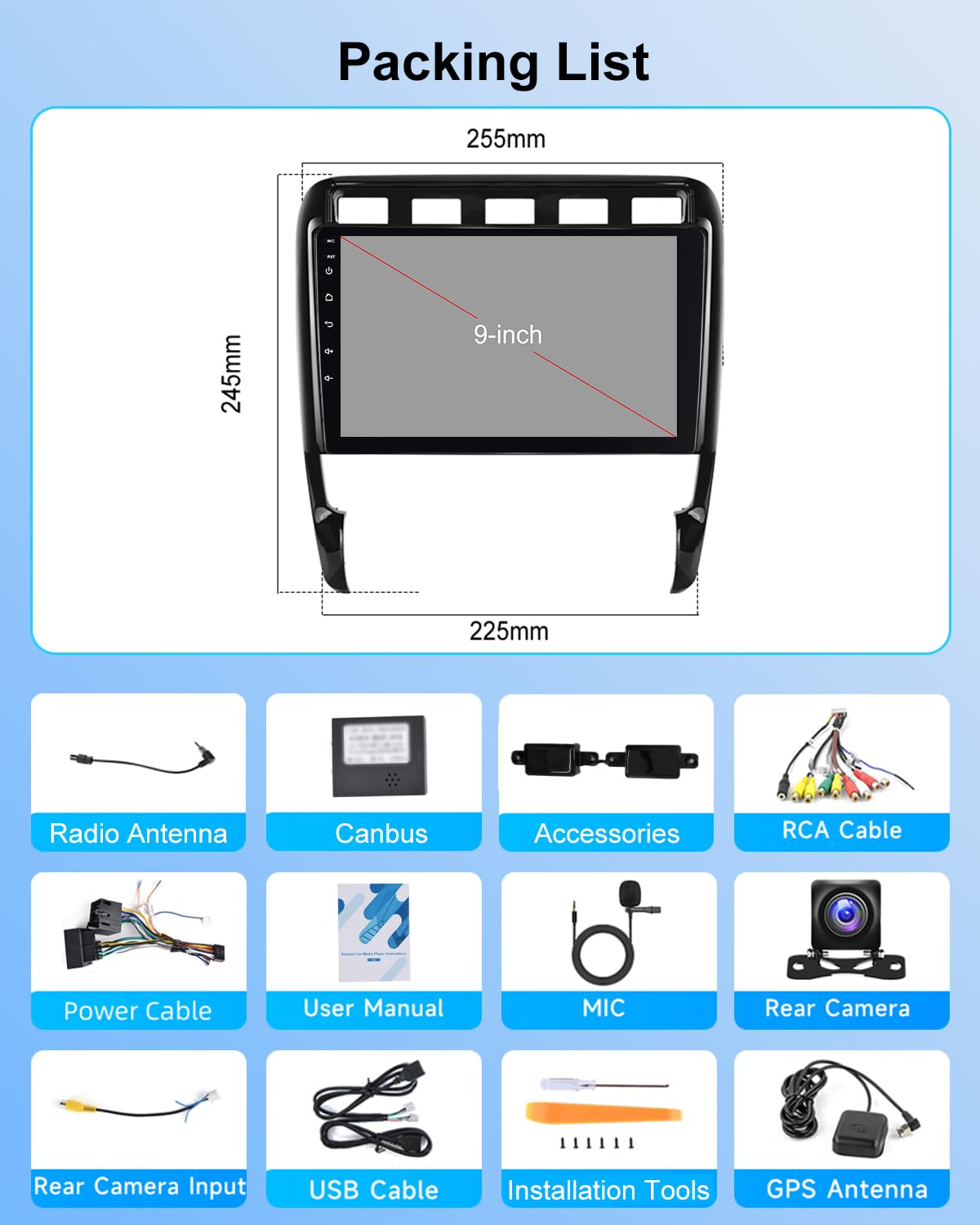 NHOPEEW Autoradio Android 2G+64G pour Porsche Cayenne 2002-2010 - sans Fil Carplay & Android Auto - Stéréo Android 9 Pouces avec WiFi EQ GPS Mirror Link FM RDS + AHD Caméra de recul&Mic