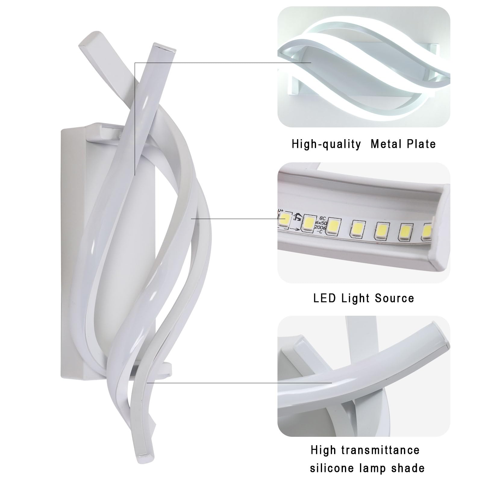 AUA LED Wall Sconce, 21W Modern Spiral Wall Sconce Lighting, 6500K Cool White Indoor Wall Light for Bedroom Living Room Office Restaurant Hallway, Wall Mounted Lamp in White