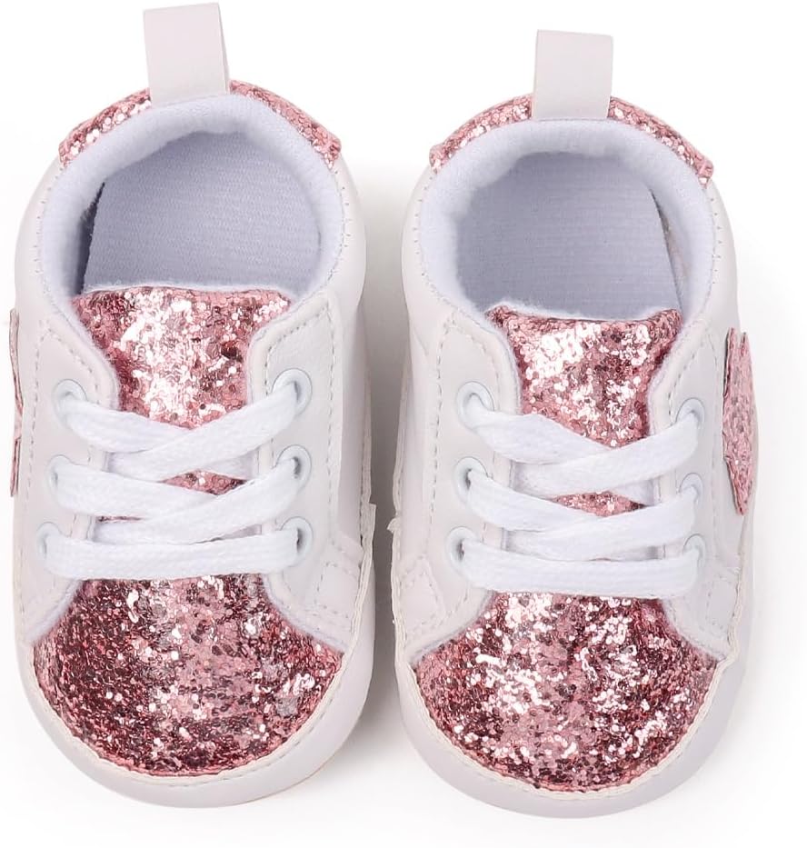 Baby Girl First Walker Shoes, Soft Flexible Sole Infant Sneakers, Non-Slip Toddler Walking Shoes with Wide Toe Box, Lightweight Glitter Star Crib Shoes for 0–18 Months