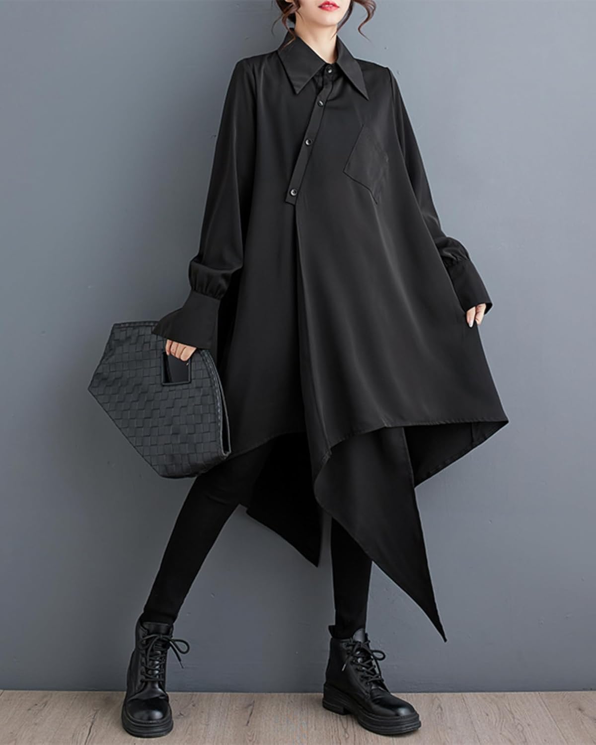 ellazhu Women's Oversized Solid Color Long Sleeve Back Slit Flowy Irregular Hem Shirt GZ150 - Image 4