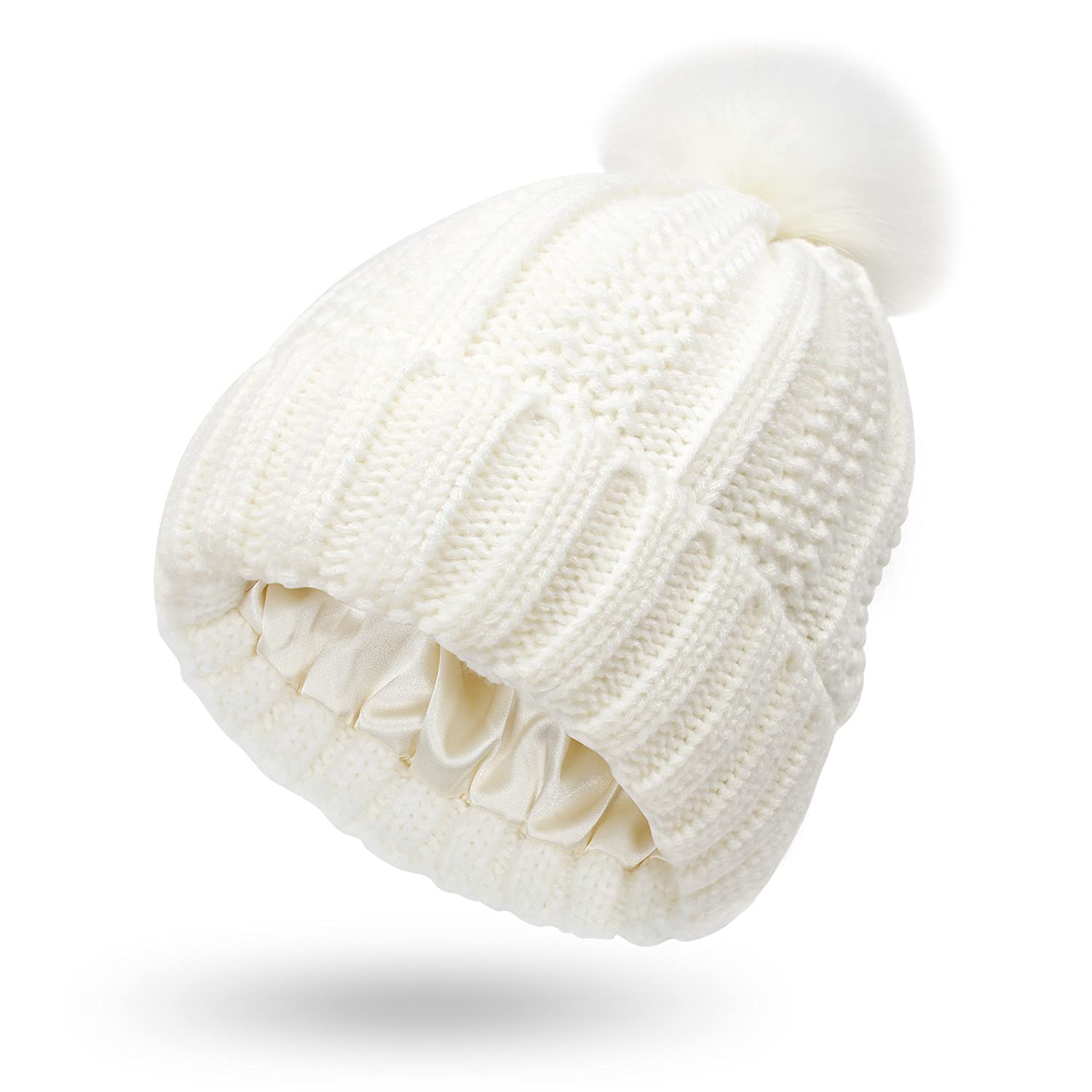 Women Knitted Beanie with Satin Lining Pom Pom Winter Warm Cap Bobble Hat (White)