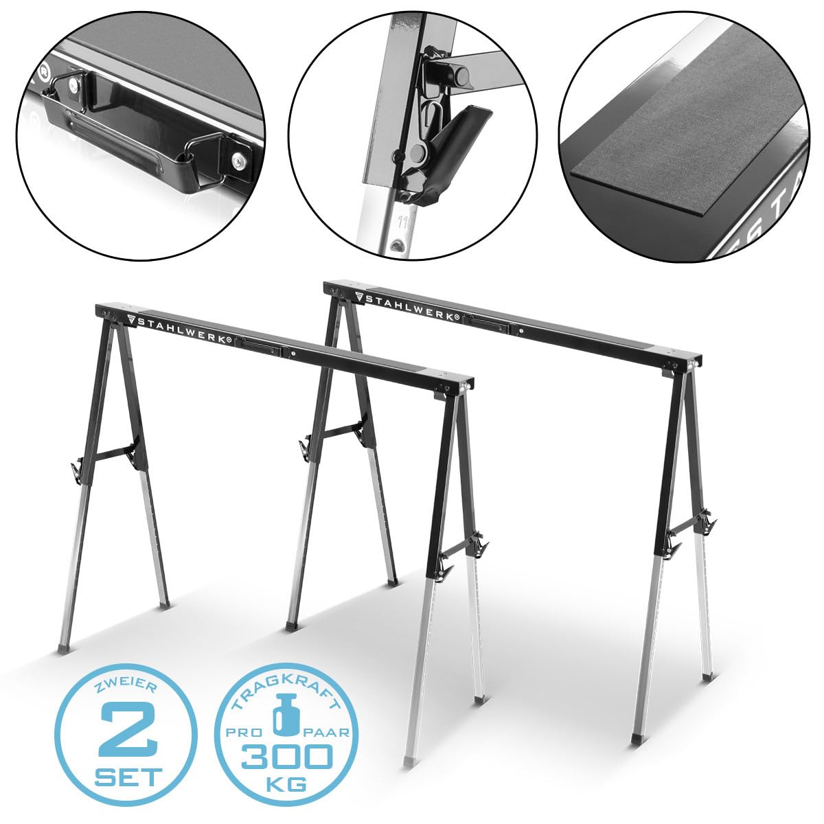 Caballete STAHLWERK SB-910 ST en un juego de 2 caballetes de metal con recubrimiento de polvo, altura ajustable de 645-910 mm, capacidad de carga de 150 kg y superficie antideslizante