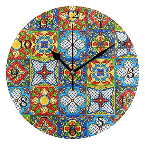HMZXZ Mexican Talavera - Orologio da parete in ceramica con motivo silenzioso, non ticchettio, per casa, soggiorno, cucina, ufficio, scuola, decorazione