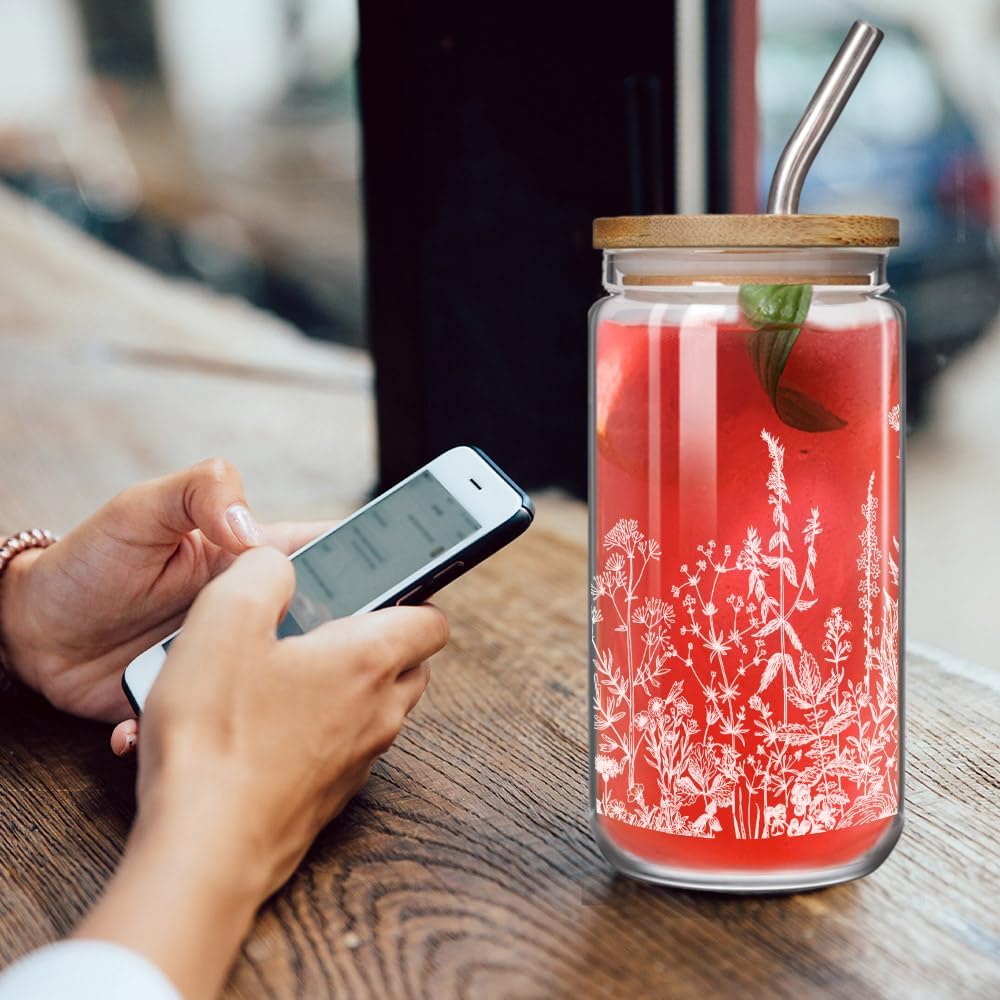 Floral Cup 16oz Can Glass with Bamboo Lid and Straw, Flower Glass Cup Gifts for Women, Wildflower Drinking Coffee Glasses Cups Gifts, Flower Glasses Cups Gift for Best Friend Bestie Sister - Image 4