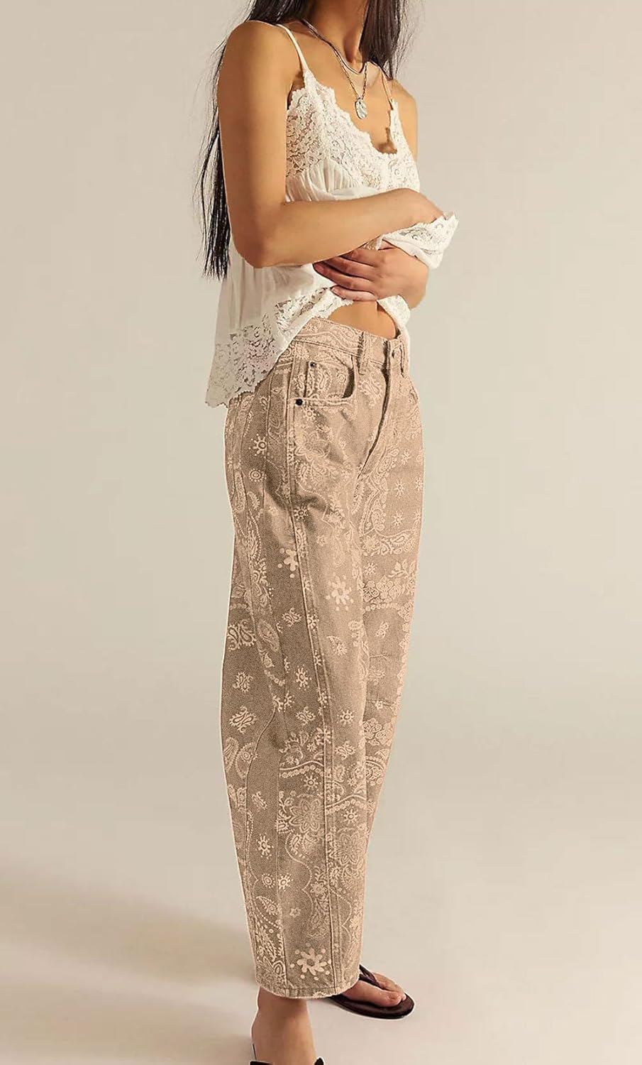 loveimgs Women Boyfriend Baggy Barrel Jeans Floral Print Denim Ankle Pants Wide Leg Mid Rise Jeans Sweatpants Y2k Patchwork