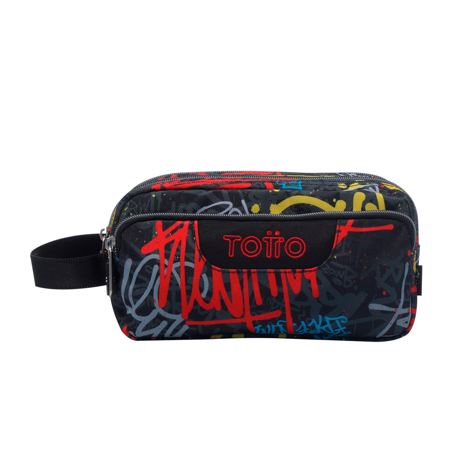 TOTTO Estuche Escolar 3 Compartimentos, Modelo Agapec, Estuche Grande, Dimensiones 23 x 11.5 x 10.5 cm, Asa Lateral, Tiradores Ergonómicos con PVC, Tejido Resistente, Estampado Grafil