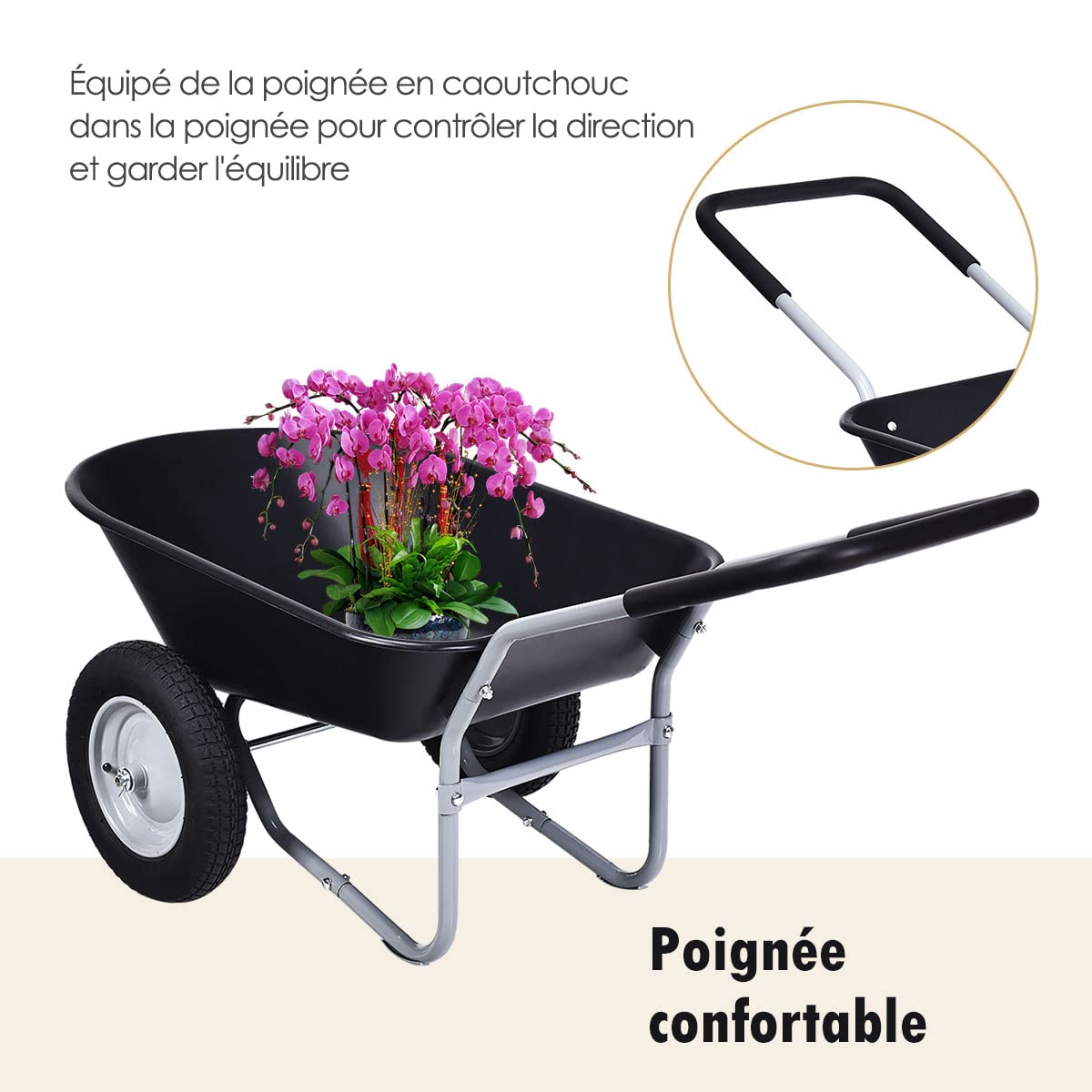 GOPLUS Brouette Jardin à 2 Roues pour Jardinage, Chariot de Jardin 75L Charge 100kg, Chariot de Jardin avec Poignée, Cadre en Fer 140x65x65CM(Noir)
