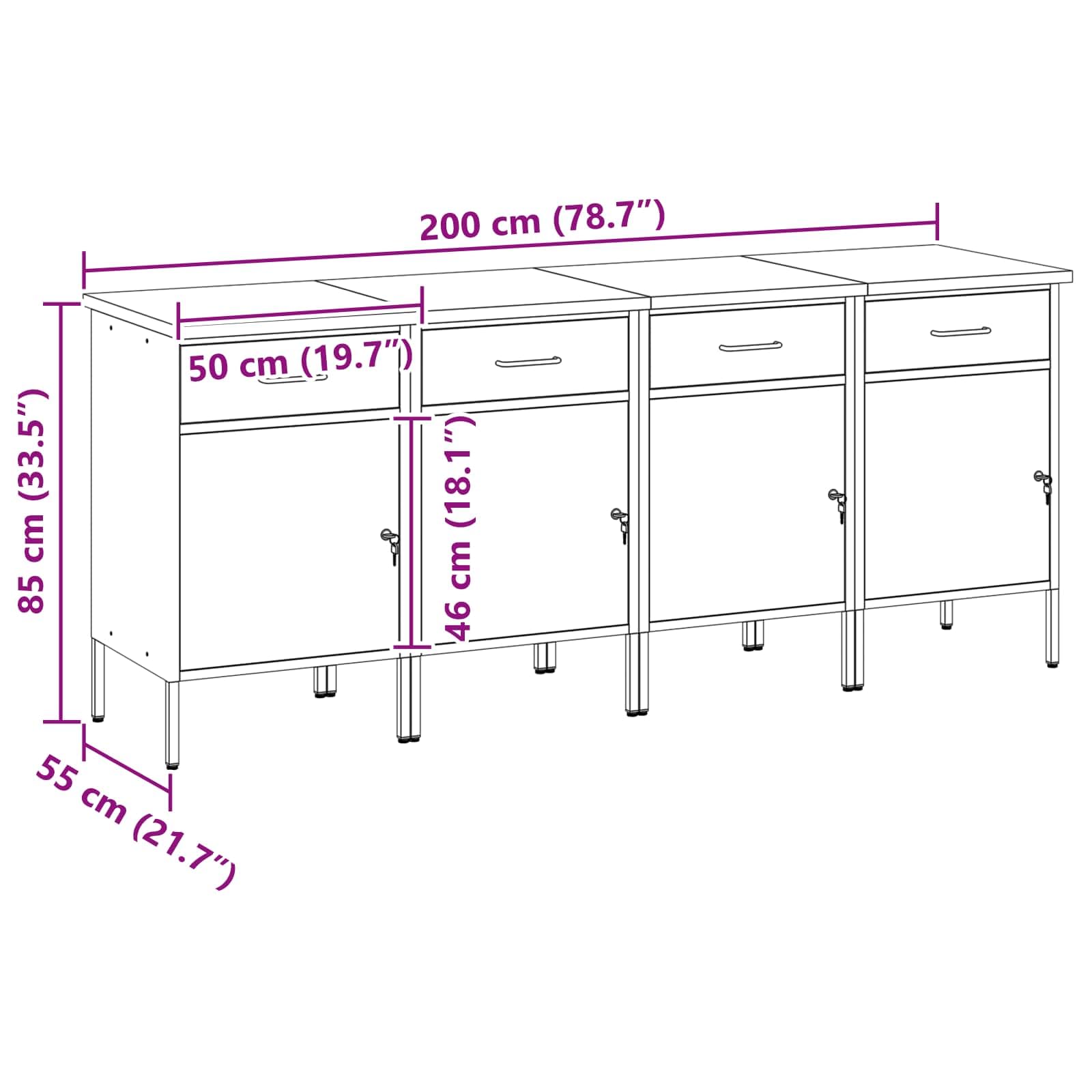 Banco da lavoro industriale da 200 cm con cassetti, 4 pezzi, banco da lavoro rosso grigio, 200 x 55 x 85 cm, armadio da officina in legno e acciaio con design loft