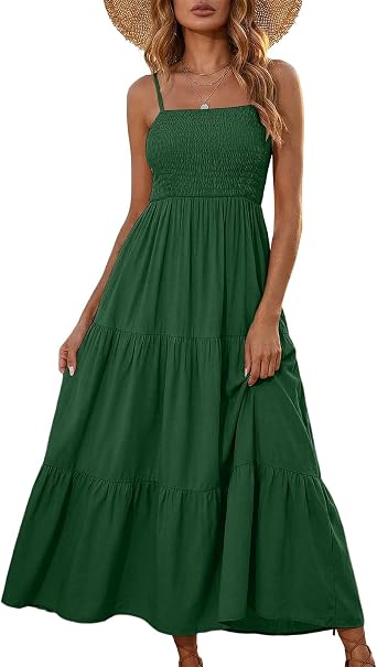 Maxi Sundresses for Women Casual Summer Spaghetti Strap Smocked Dress Long Tiered A Line Baby Doll Beach Dresses