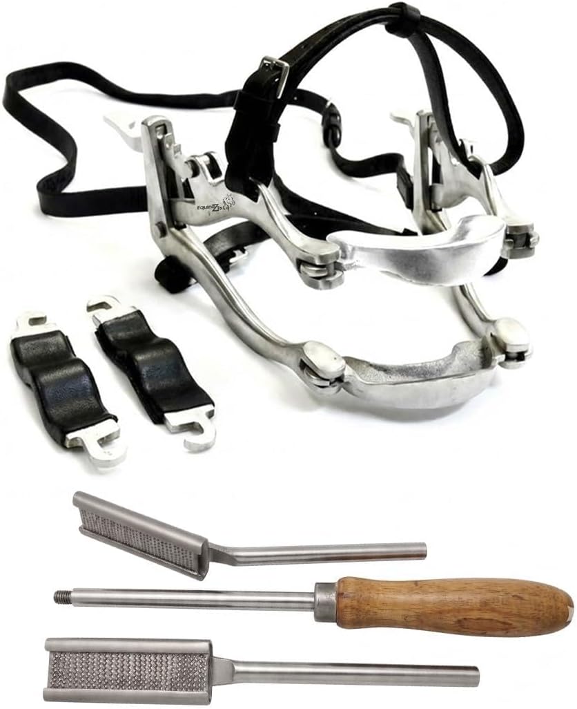 Equine Dental Kit Set โ Full Mouth McPherson Speculum with Leather Straps, Horse Mouth Gag & Float Set โ Stainless Steel Dental Tools for Horses, Veterinary Use, Equine Dentistry Instruments