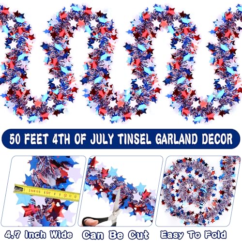 Image of 50 Feet Patriotic Tinsel Garland 4th of July Decorations, Red White Blue Star Tinsel Garlands Metallic Glitter Garland for Fourth of July Independence Day Memorial Day Decor Outdoor Indoor Home Party
