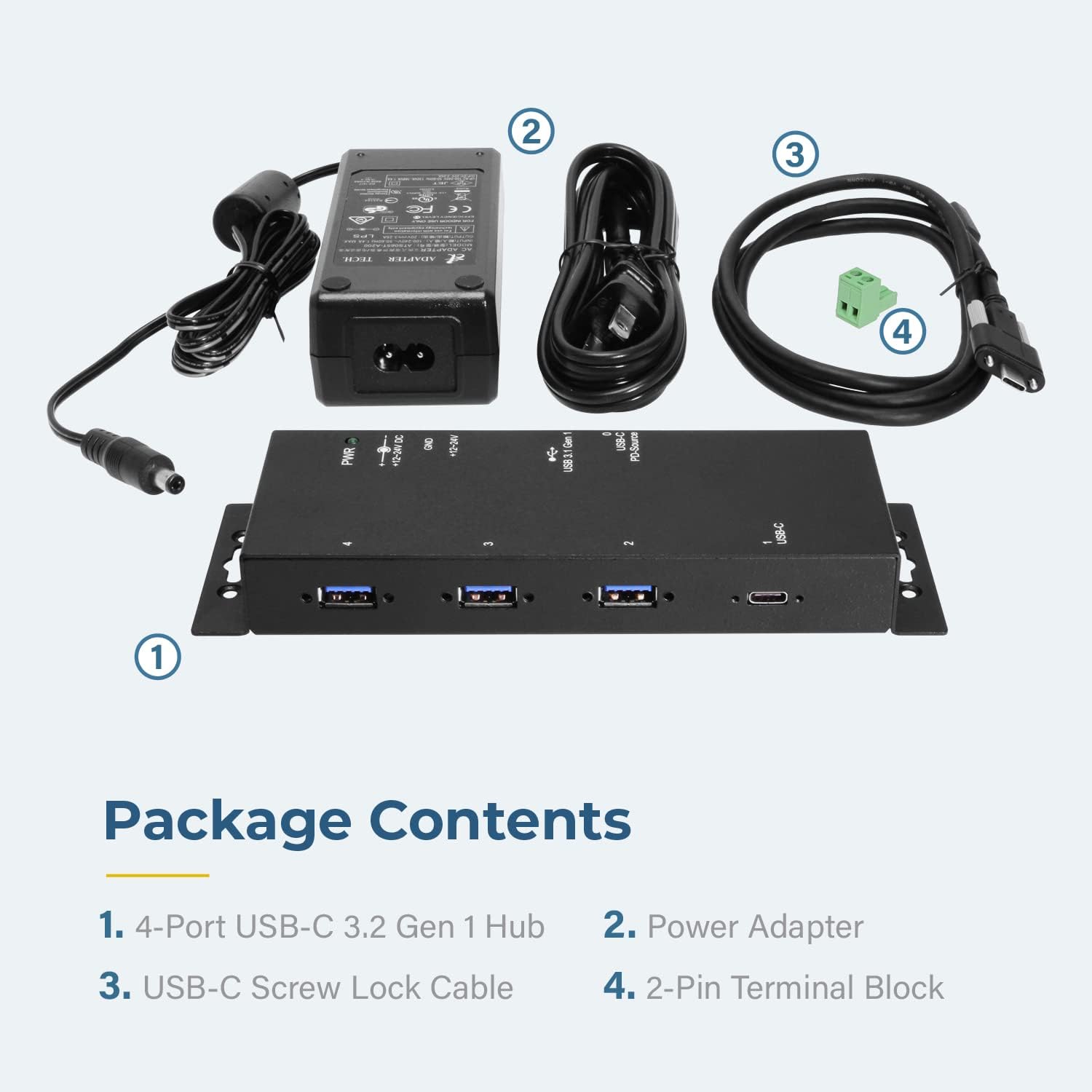 Coolgear Industrial 4 Port USB 3.2 Gen 1 Type-C Power Delivery Hub w/Surge Protection, Variable Voltage Input & Surface Mountable