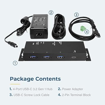 Coolgear Industrial 4 Port USB 3.2 Gen 1 Type-C Power Delivery Hub w/Surge Protection, Variable Voltage Input & Surface Mountable