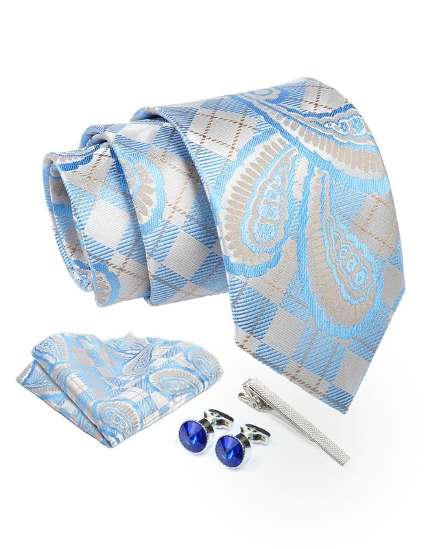 Tie for Men – Geometric Silk Neck Ties Set with Cufflinks Flower Pin, Pocket Square & Black Gift Box, Combo Necktie Sets for Office Wear, Formal Suits & Weddings (0, TPCpspn)-image-40