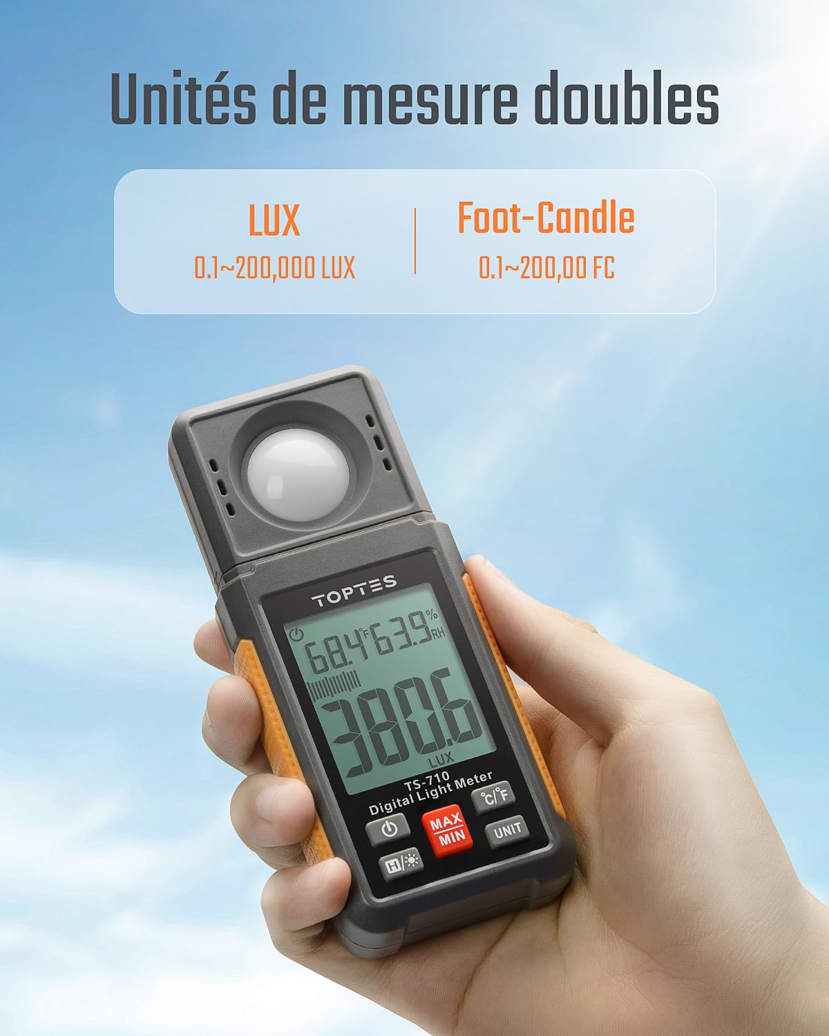 Luxmètre Numérique, TopTes TS-710 Luxmètre avec Capteur Rotatif à 180º, Plage 0,1~200 000 Lux, Mesurer la Lumière pour Plantes, LED de Maison, Bureau, Phares de Voiture (Batterie Incluse)