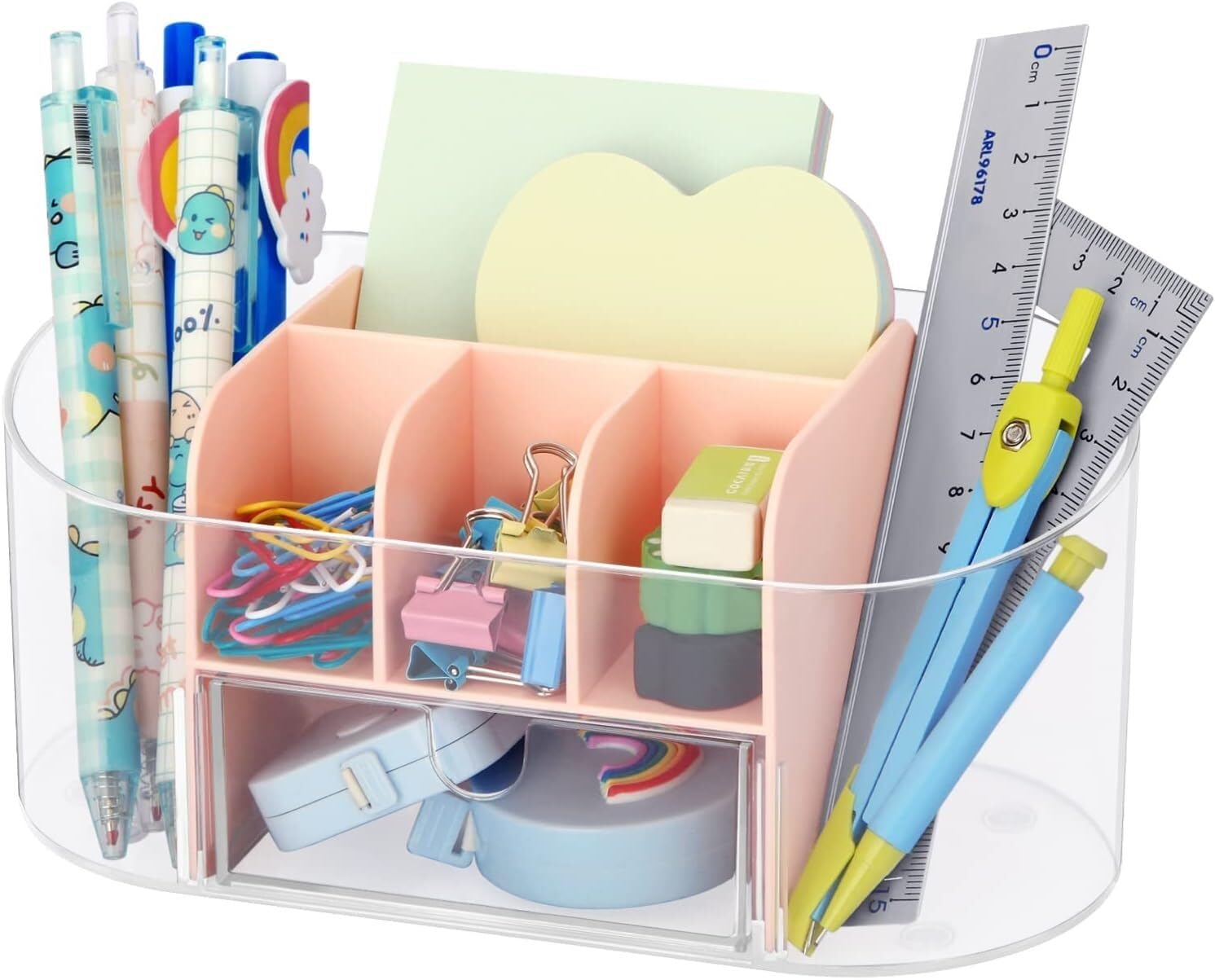 Organizzatore Scrivania Organizer da Scrivania Trasparente con Cassetto, Portapenne in Acrilico, Pennarelli, Forniture per Ufficio Trasparenti Ufficio(Pink)
