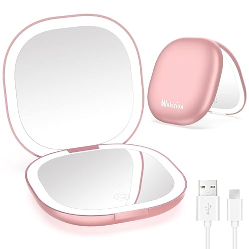 wobsion Travel Mirror with Light, Rechargeable 1x10x Compact Magnifying Mirror, Dimmable Pocket Mirror,Handheld 2-Side Mirror with Light,3.5 inch