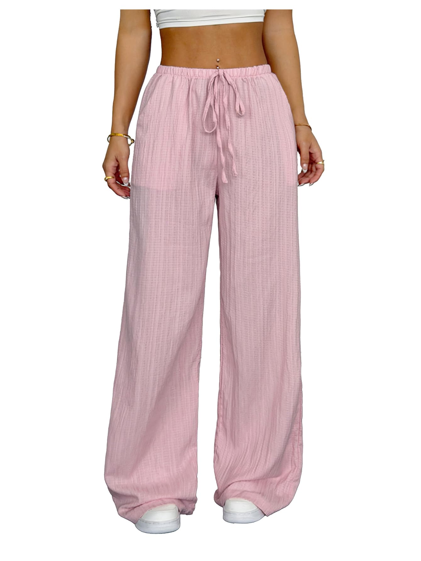 SOLY HUX Womens Wide Leg Pants Tie Front Elastic Waist Baggy Textured Long Pants Trousers with Pockets
