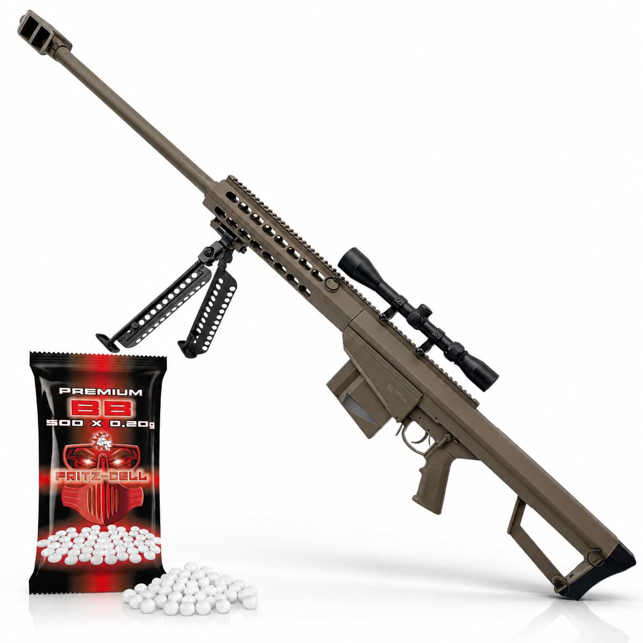 Fritz-Cell Set Airsoft Gewehr M82 140 cm Softair Waffe 0,5 Joule 6 mm inkl. Zweibein, Zielfernrohr, 500 Premium BB's 0,20g Munition FC31CD Dark Earth