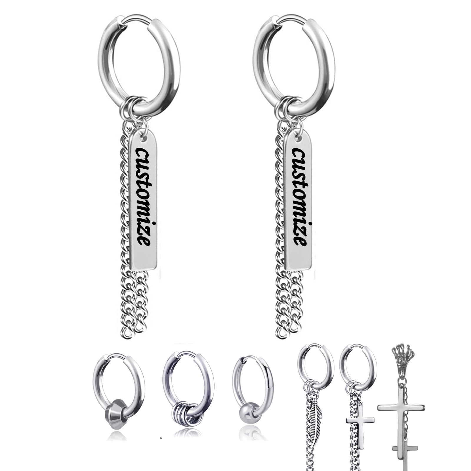 Boucles d’oreilles personnalisables Bar Punk Hoop Unisexe avec plumes Cross Circle Tassels Ear Clips Piercing Earrings Bijoux Acier inoxydable Argent Noir pour Hommes Femmes 12mm Dia