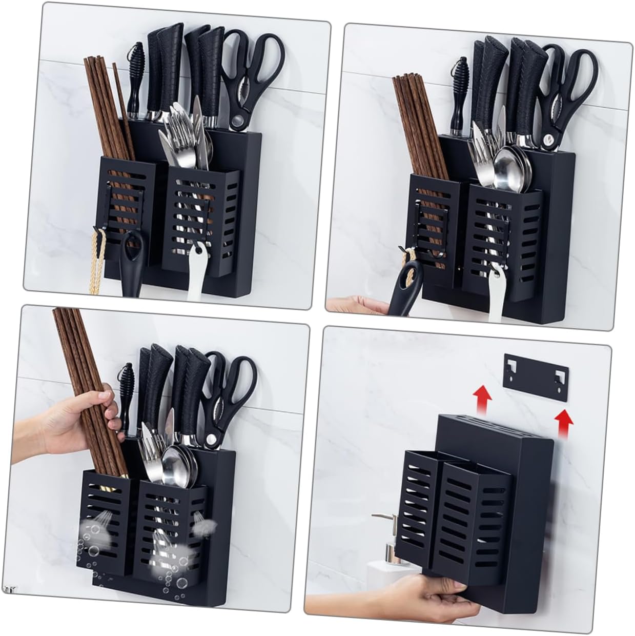 LABRIMP Stainless Steel Cutlery Holder Wall Mounted Kitchen Shelf with Hooks Space Saving Storage Rack for Utensils and Kitchen Tools and Black