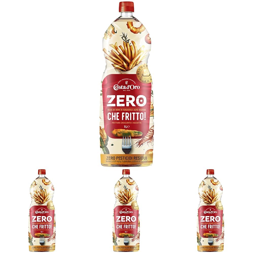 Costa d’Oro – Che Fritto! 1 L. Olio di semi di girasole alto oleico, primo in Italia certificato con zero pesticidi residui. Ideale per fritture croccanti, asciutte e leggere! PET da 1 L.