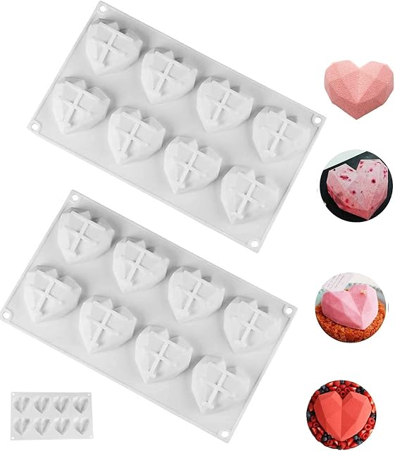 Silicone Mold 3D Diamond Heart Cake Chocolate Mold 2PCS 8-Cavity Cherry Shape Cake Mould Baking Pan Mold for Cake Mousse Dessert Ice Cream Jelly Soap DIY Tools