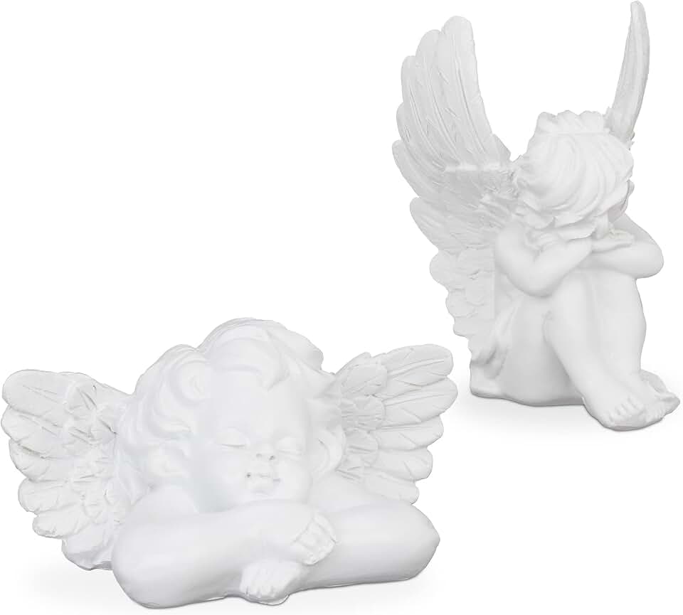 Relaxdays Set de 2 Ángeles para Tumbas, Figura Resistente Intemperie, Angelito de la Guarda, Piedra Artificial, Blanco