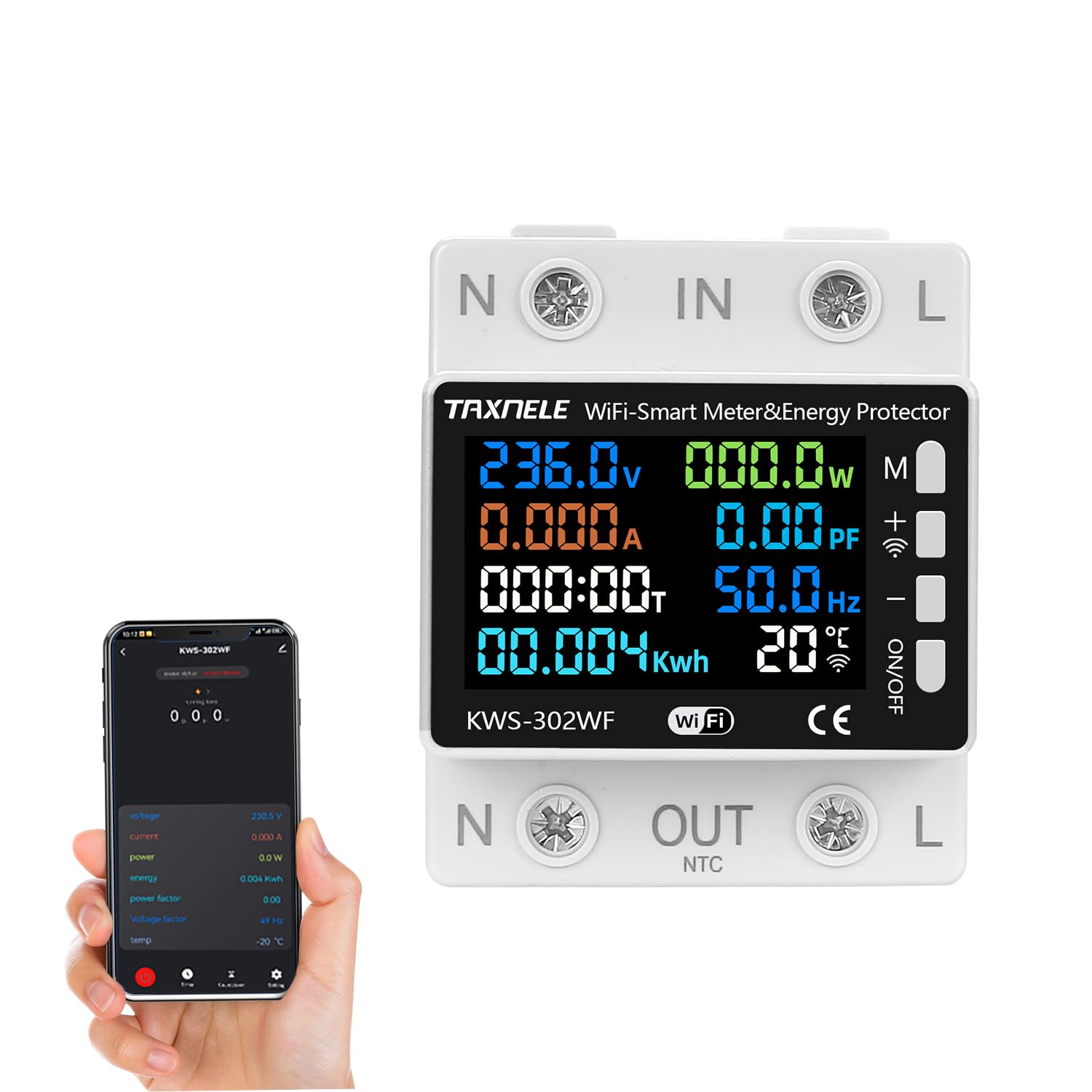 TUYA WiFi Misuratore di potenza intelligente Interruttore a relè sopra il limitatore di corrente Multifunzione Misuratore di energia kWh Misuratore di temperatura Termometro Smart Life (KWS302-WF)