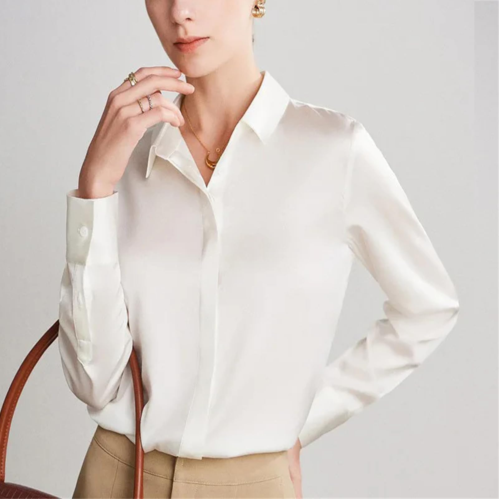 Vogrtcc Blusa de seda para mujer con encaje cosido de manga larga para oficina