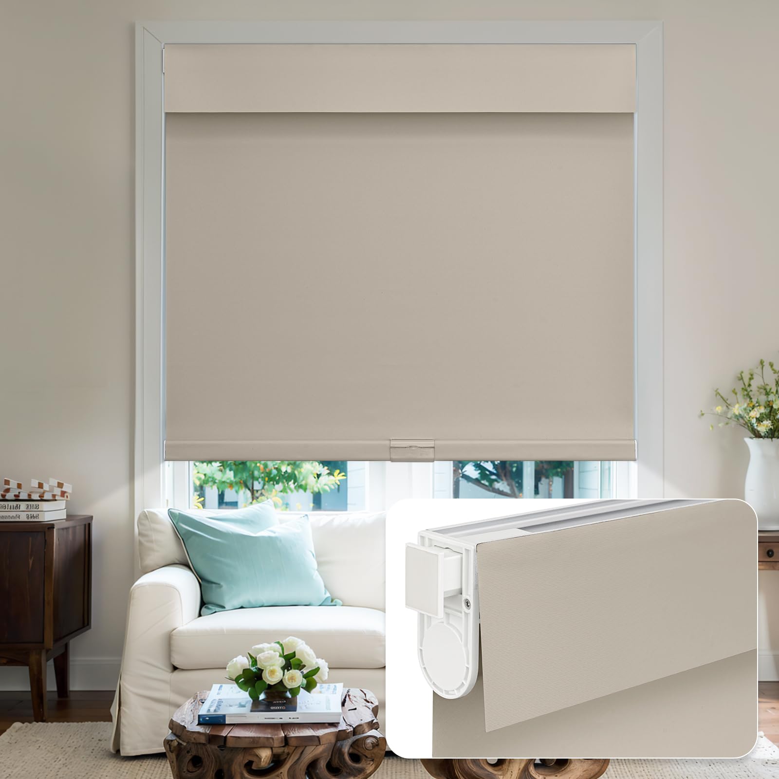 Keego Cordless Roller Blinds Easy Install No Tools No Drill Blinds for Windows Waterproof Blackout Shades for Kitchen Bedroom Bathroom Living Room (Latte, 68cm W x 210cm H)